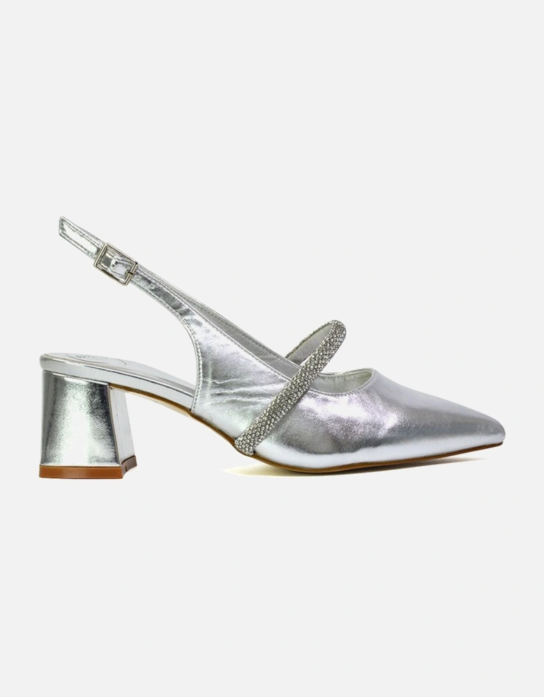 'Sandie' Sling Back Strappy Pointed Toe Diamante Mid Block Heels