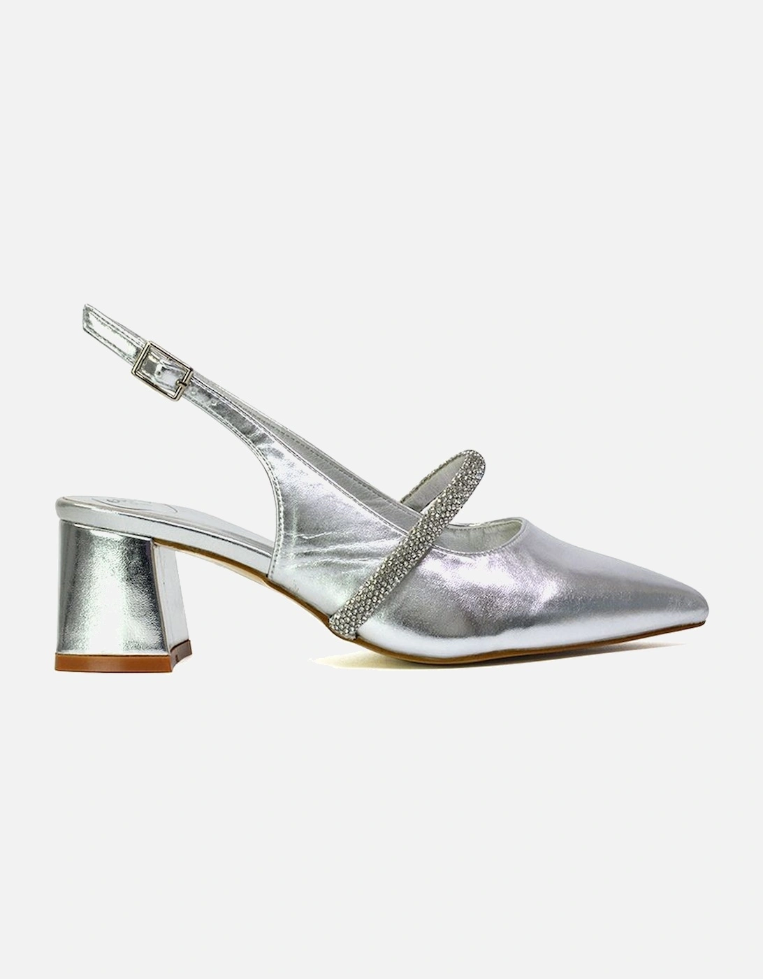 'Sandie' Sling Back Strappy Pointed Toe Diamante Mid Block Heels, 2 of 1