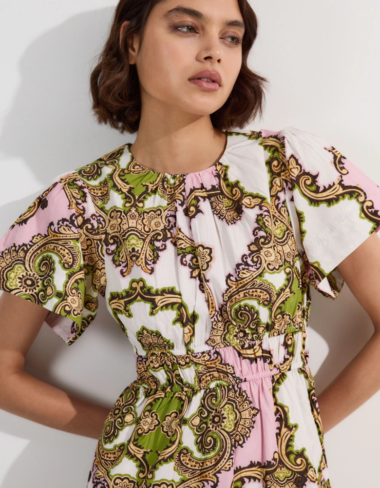 Shirred Cotton Tiered Tile Print Woven Mini Dress