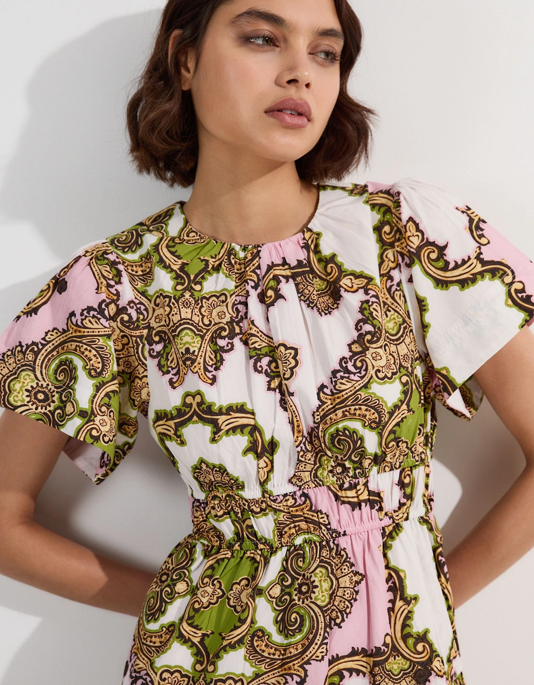 Shirred Cotton Tiered Tile Print Woven Mini Dress, 2 of 1