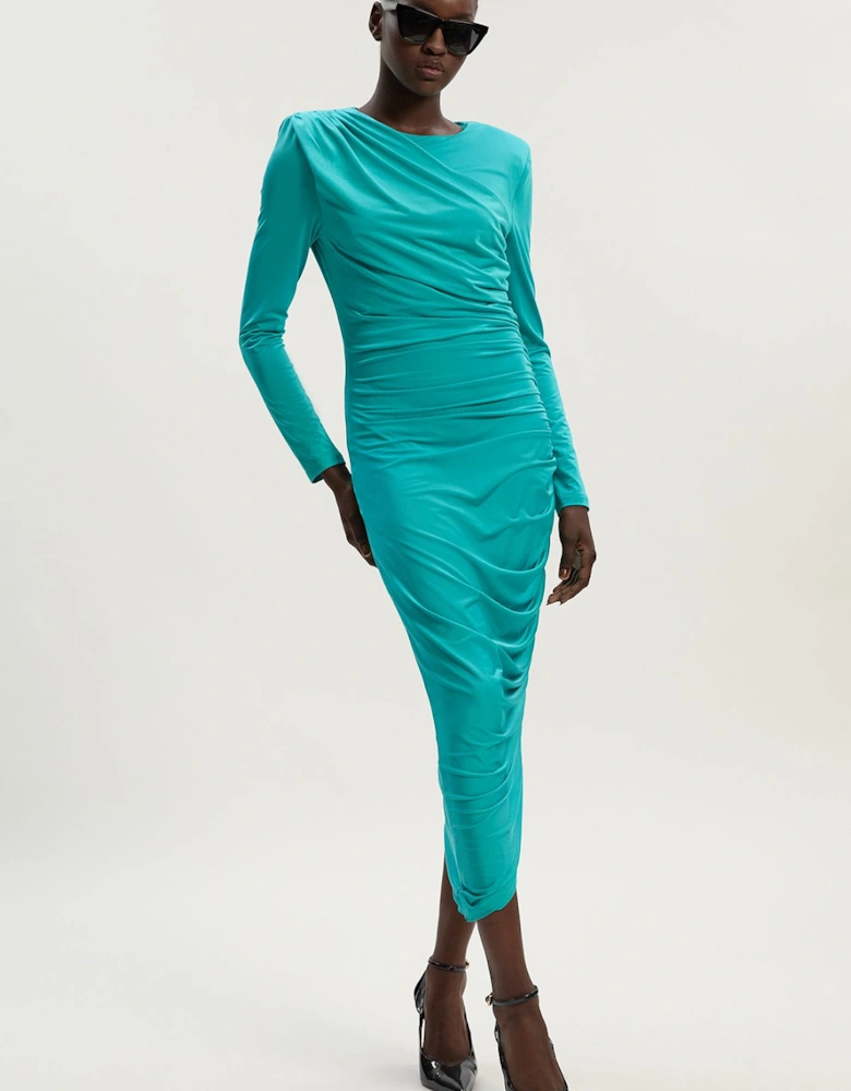 Jersey Crepe Ruched Long Sleeve Maxi Dress