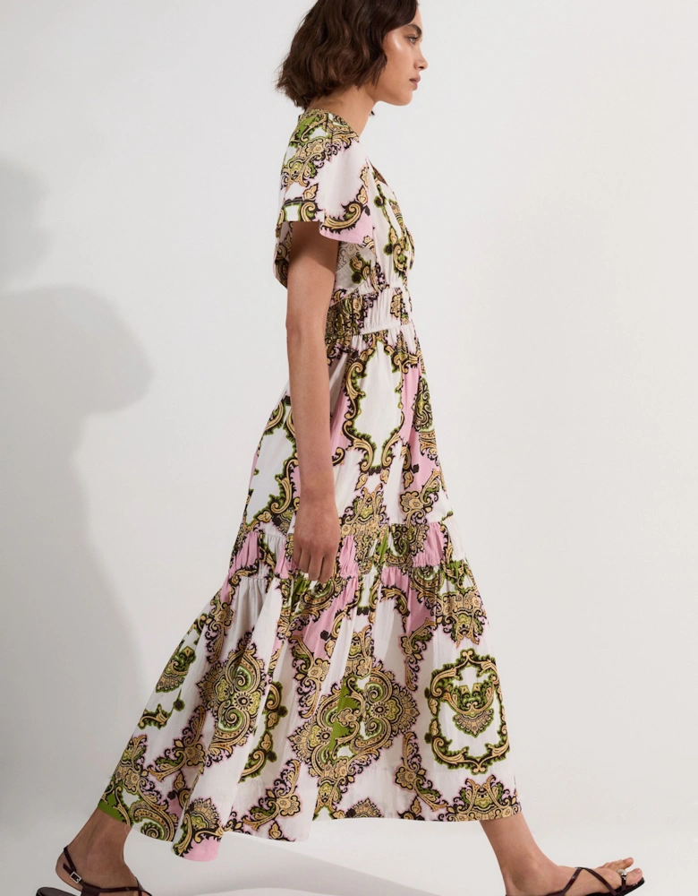 Shirred Cotton Tiered Tile Print Woven Maxi Dress