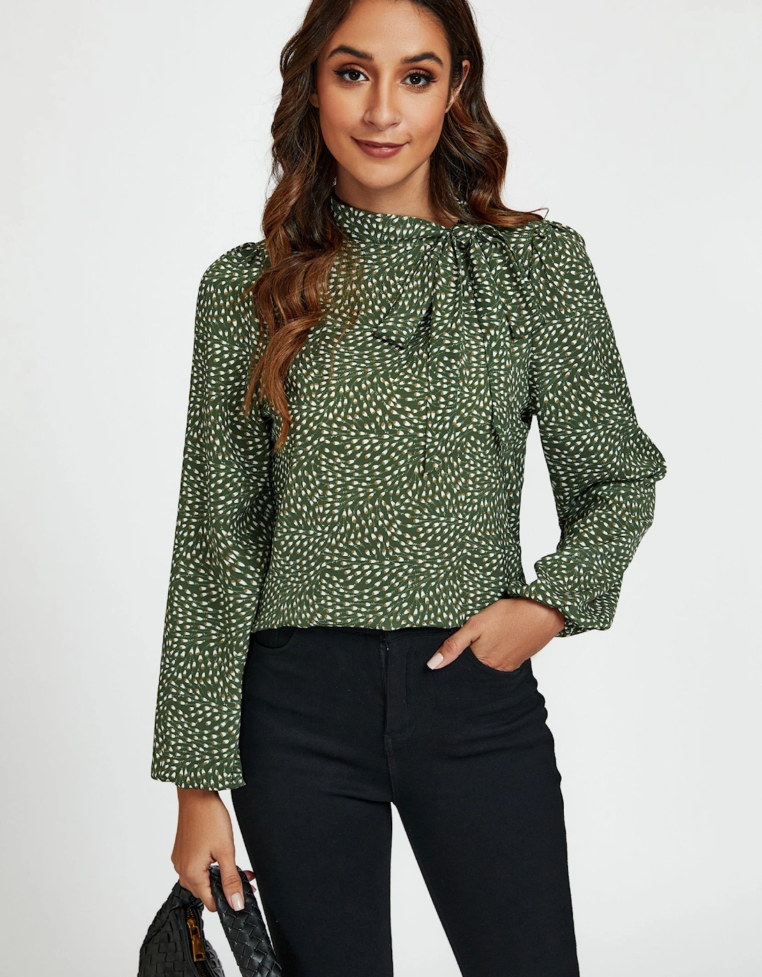Floral Print Side Tie Blouse Top In Olive, 2 of 1
