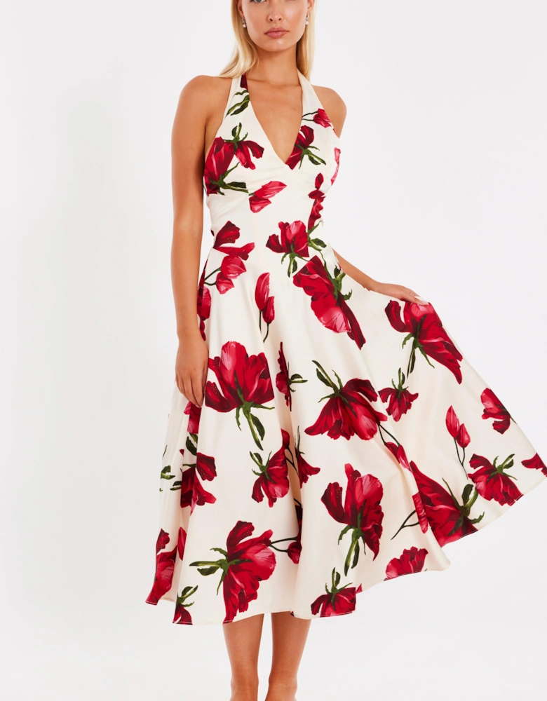 Off White Petite Satin Rose Print Midi Dress