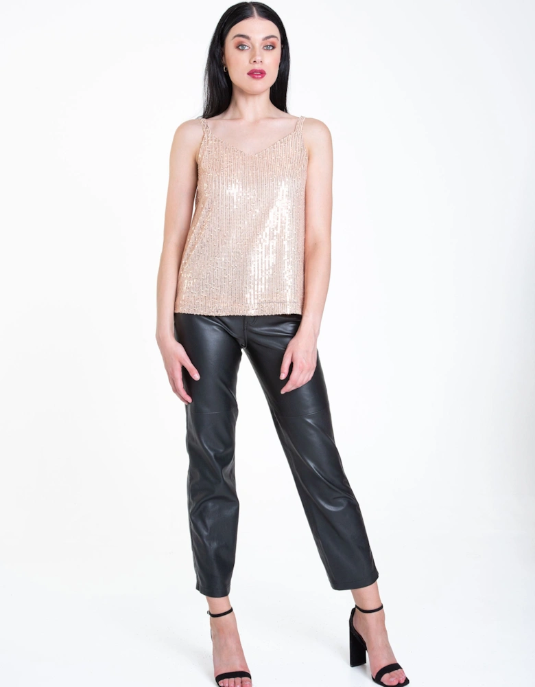 Champagne Sequin V Neck Cami Top