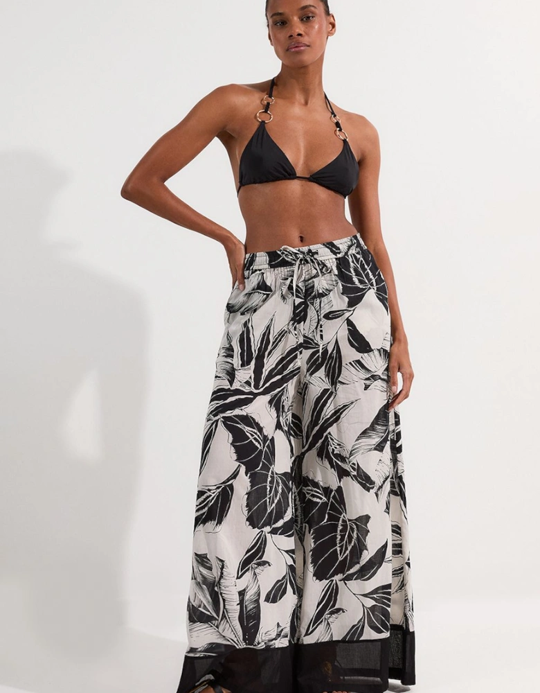 Palm Border Print Cotton Voile Beach Trousers