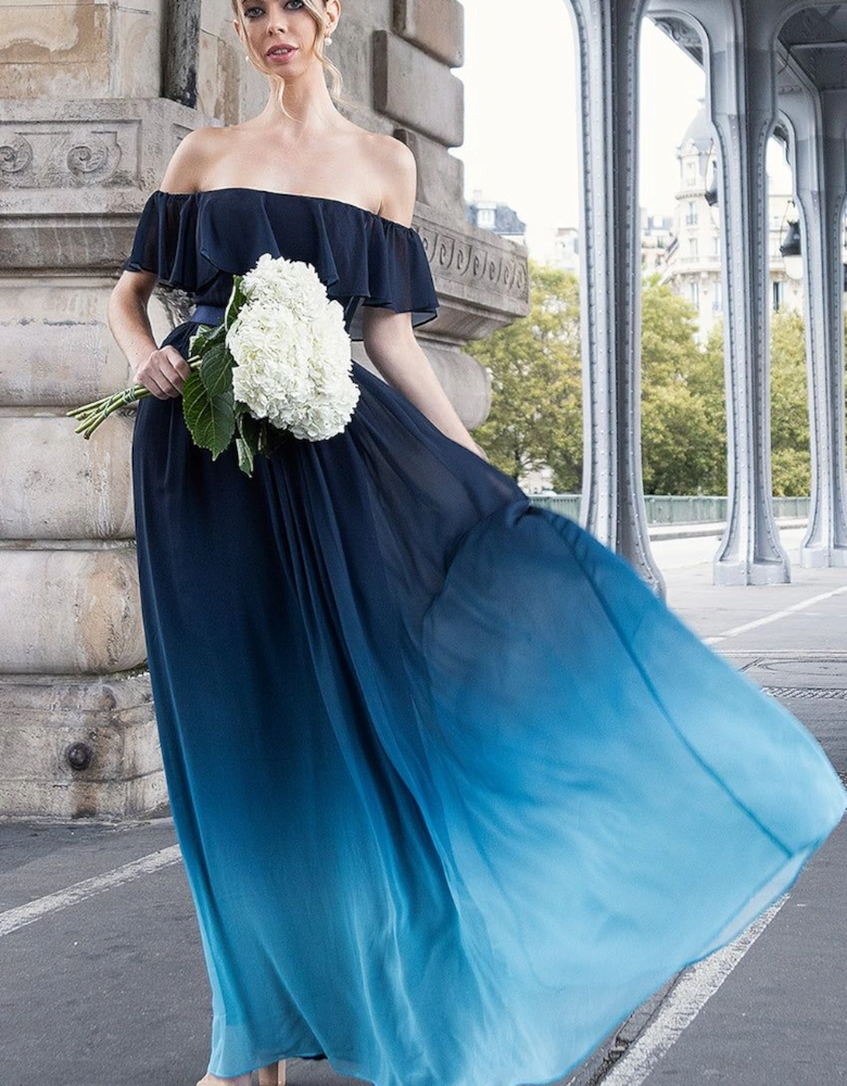 Ombre Chiffon Bardot Frill A line Maxi Dress