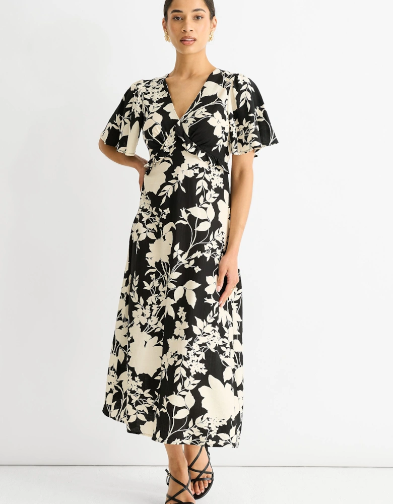 Mono Ruffle V Neck Viscose Midi Dress