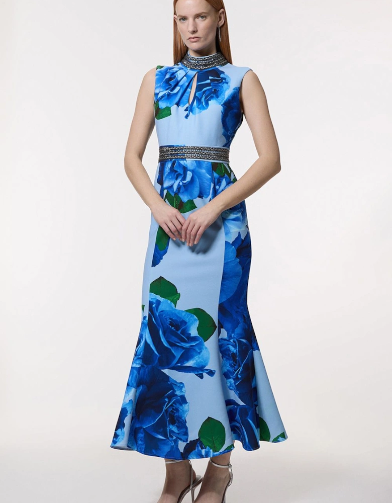 Petite Diamante Trim Rose Woven Maxi Dress