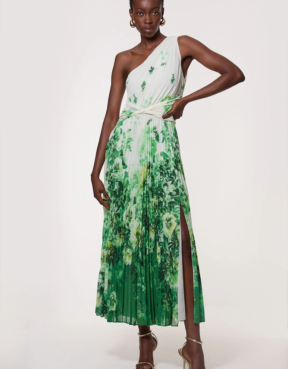 Ombre Floral Soft Pleated One Shoulder Woven Maxi Dress, 2 of 1