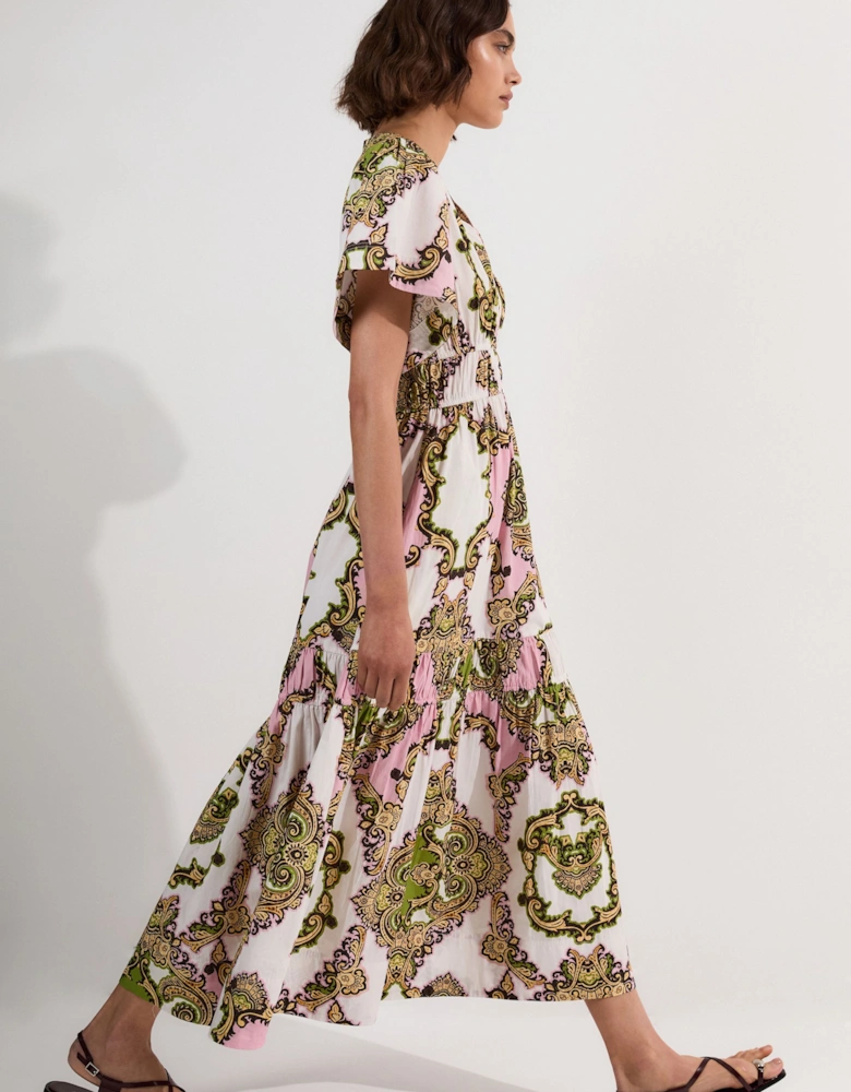 Tall Shirred Cotton Tiered Tile Print Woven Maxi Dress