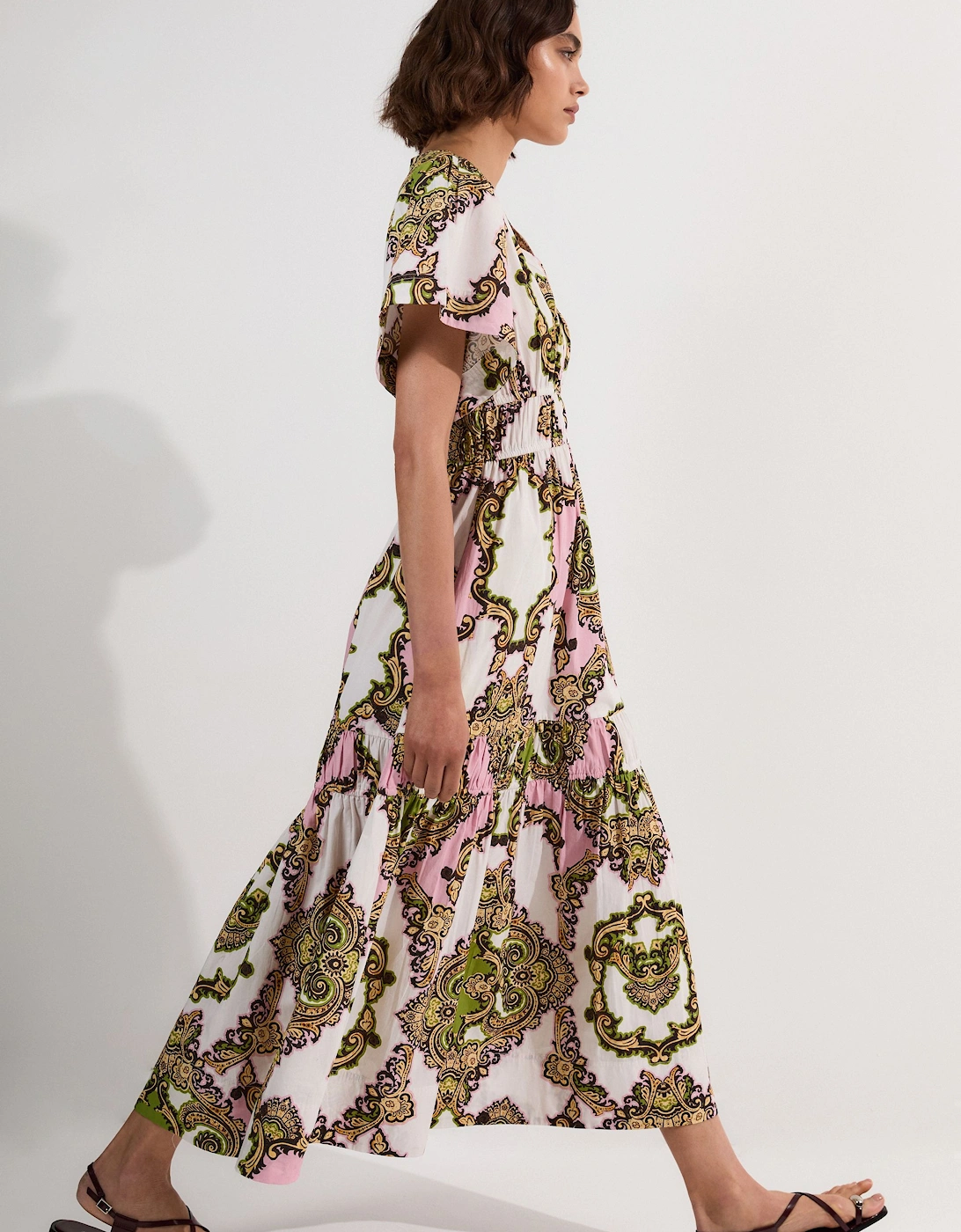Tall Shirred Cotton Tiered Tile Print Woven Maxi Dress, 2 of 1