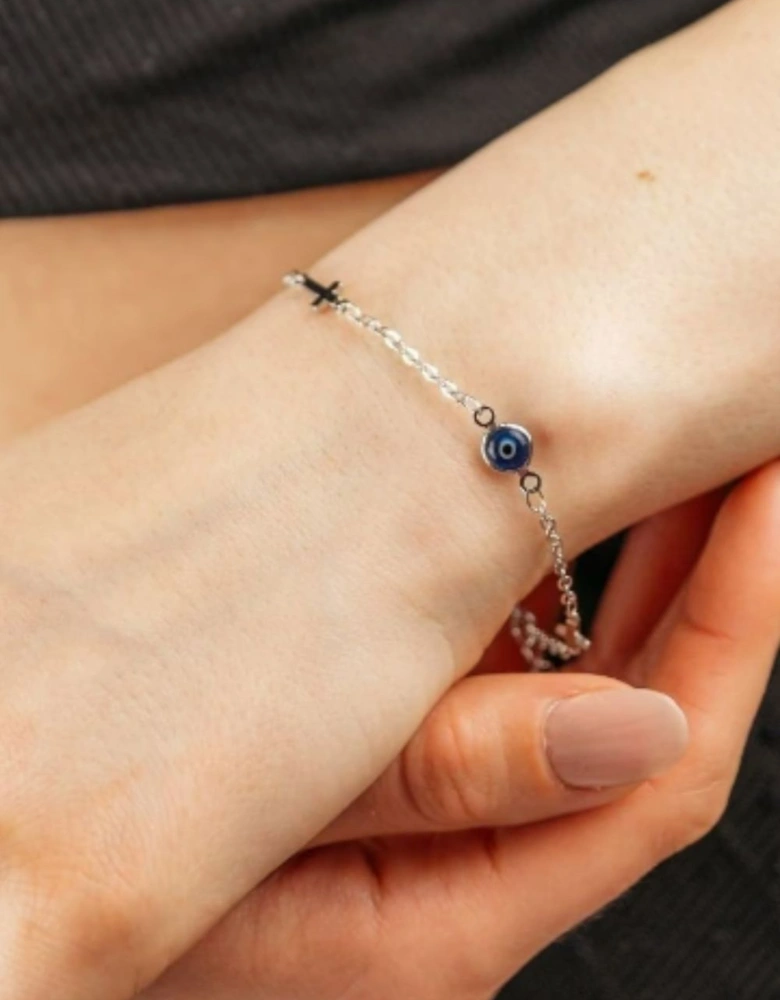 Gold and Silver Evil Eye Cross Christian Charm Protection Bracelet