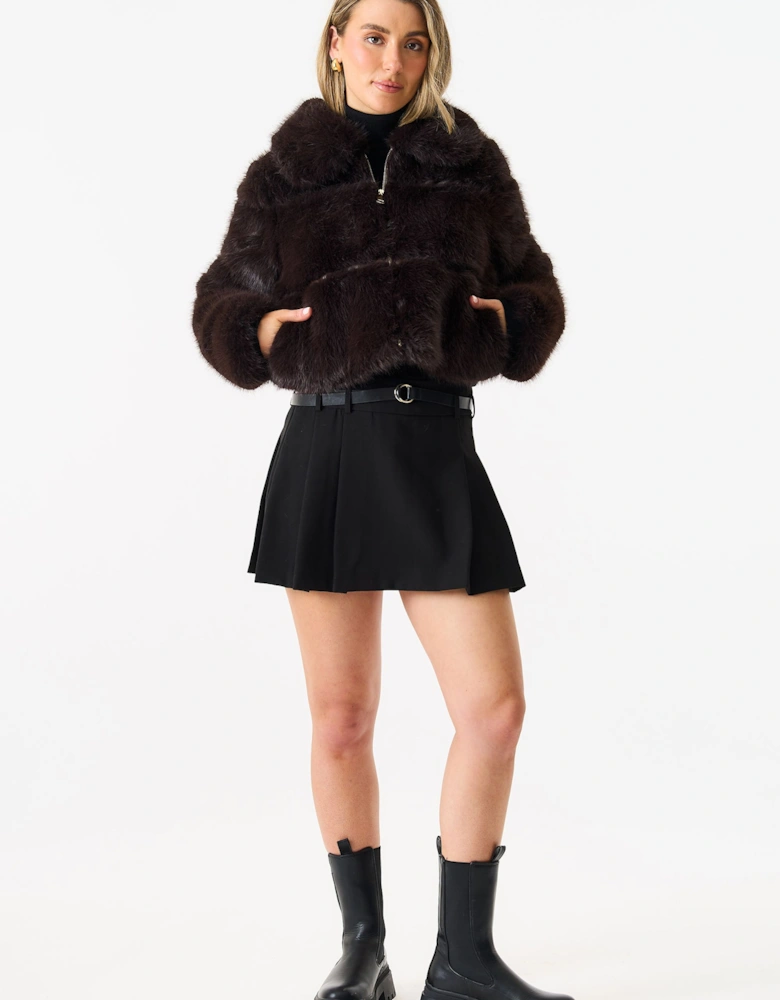 Brown Panel Faux Fur Cropped Jacket