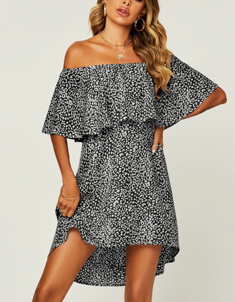 Leopard Print Bardot Frill Off Shoulder Mini Dress In Black