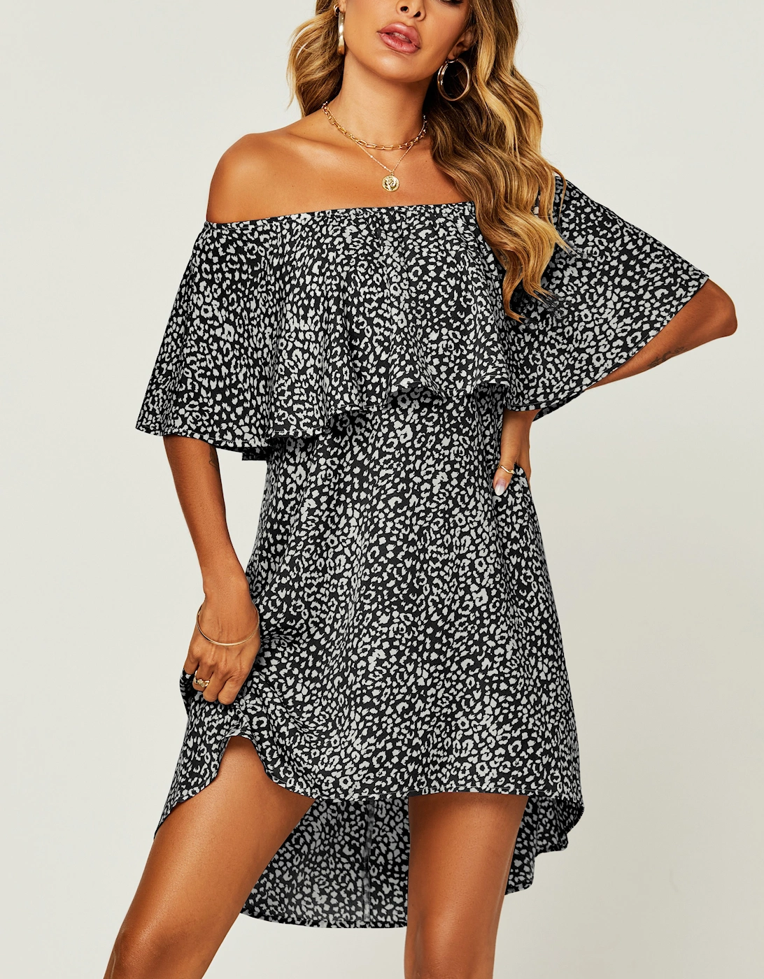 Leopard Print Bardot Frill Off Shoulder Mini Dress In Black, 2 of 1