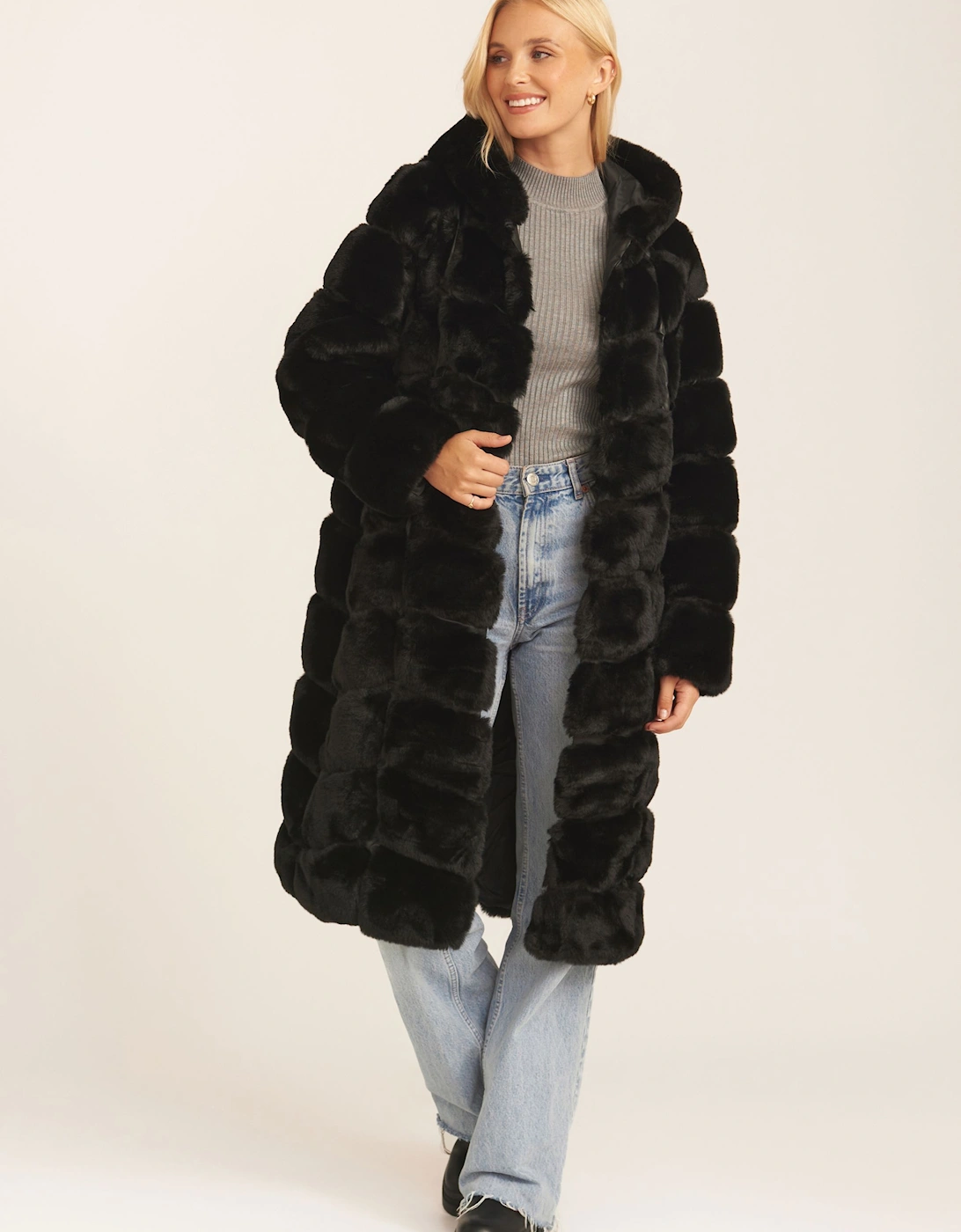 Black Panelled Hooded Longline Fur Coat, 2 of 1