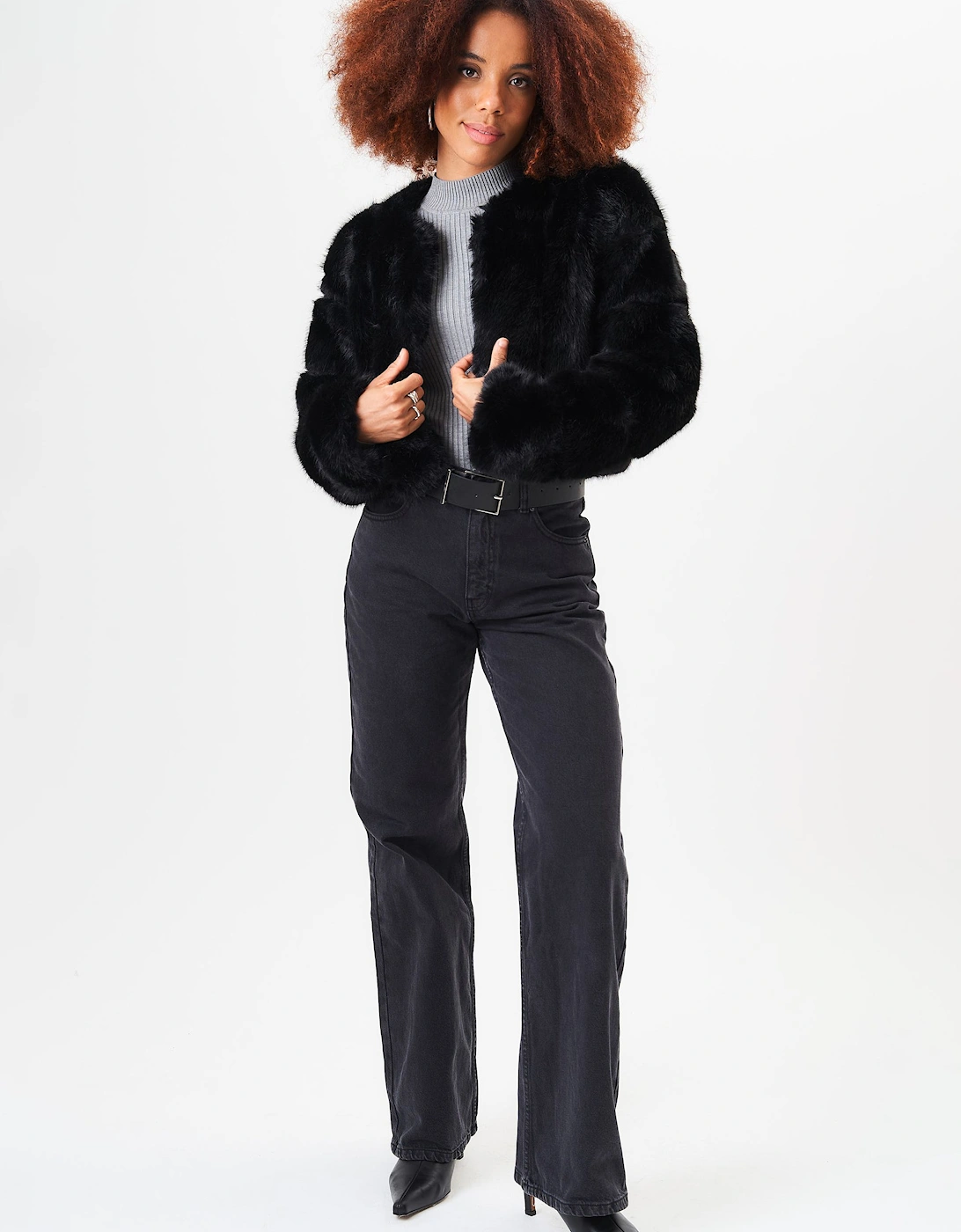 Black Panel Faux Fur Crop Jacket, 2 of 1