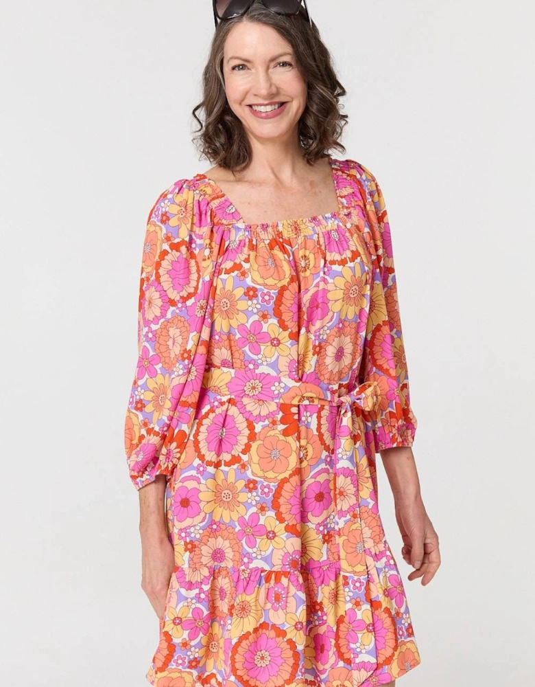 Vintage Floral Tie Waist Short Dress
