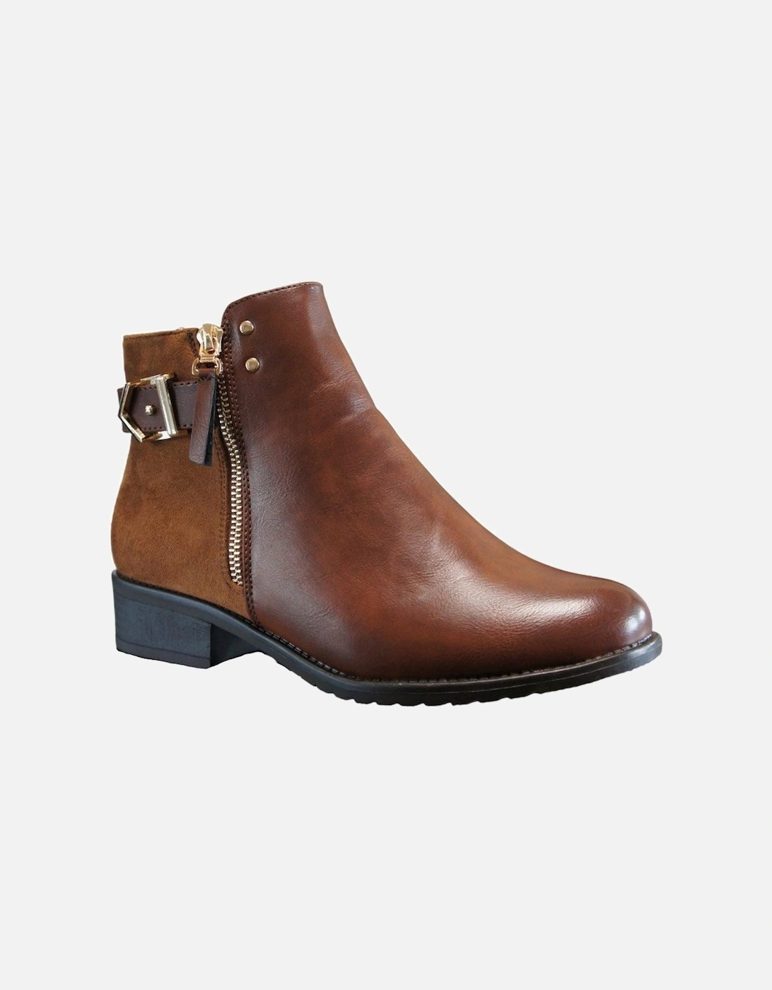 Buckle Deco Zip Faux Suede and Leather Low Heel Ankle Boots, 2 of 1