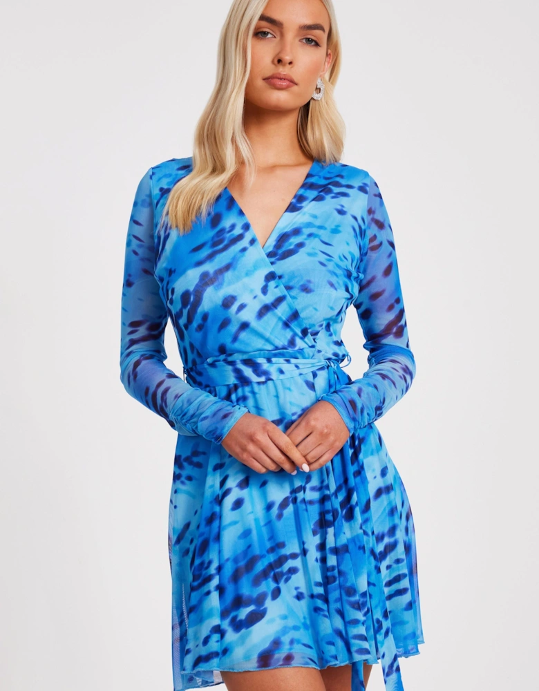 Blue Mesh Animal Print Skater Dress
