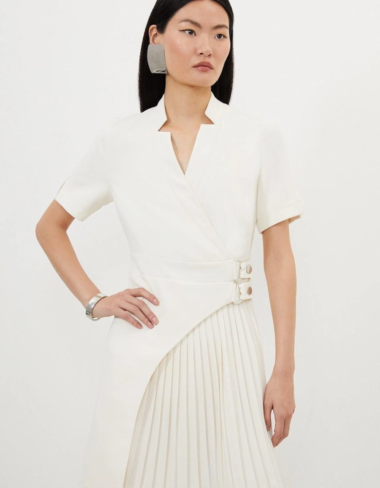 Tailored Military Pleat Notch Neck Wrap Mini Dress