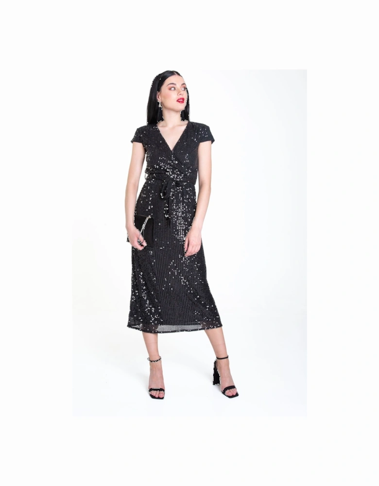 Black Sequin Belted Midi Wrap Dress