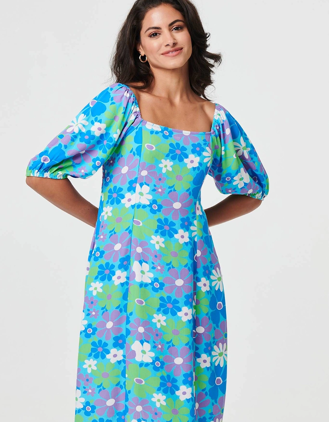 Floral Square Neck Knee Length Dress, 2 of 1