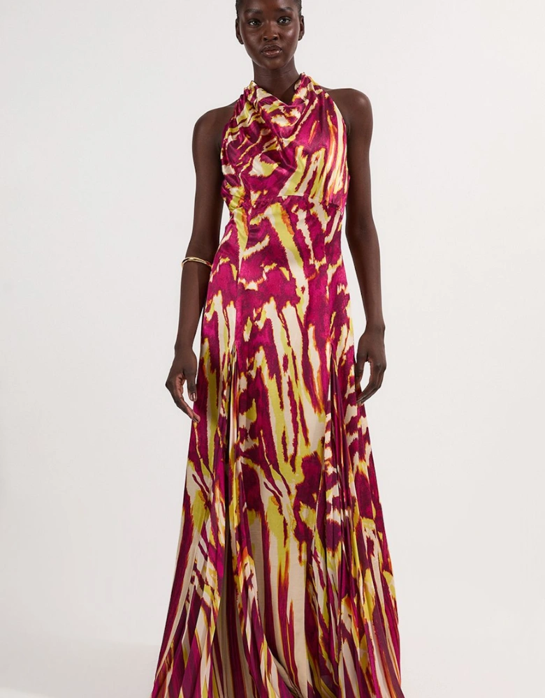Viscose Satin Border Print Halter Neck Woven Maxi Dress