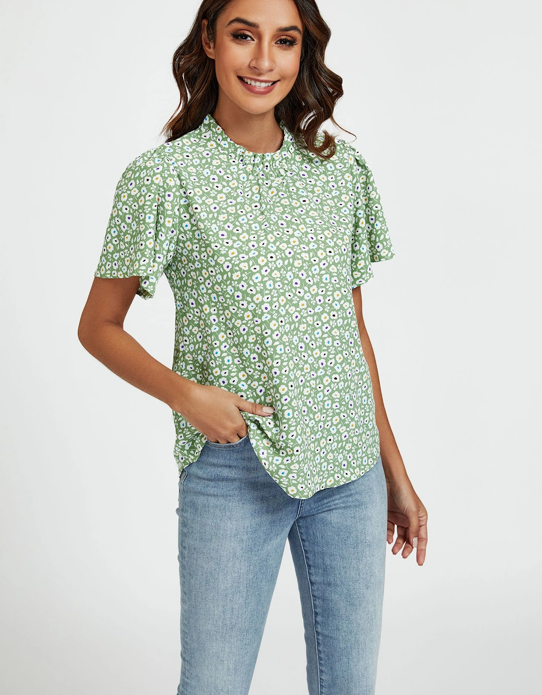 Little Floral Print Angle Sleeve High Neck Top/Blouse In Green, 2 of 1