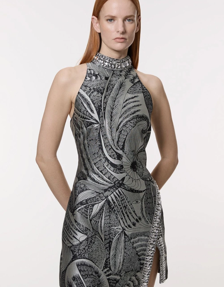 Tall Crystal Embellished Jacquard Woven Thigh Split Mini Dress