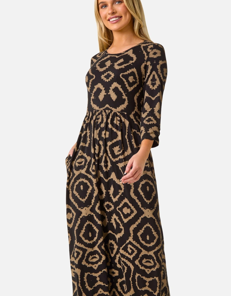 Petite Geo Print Gathered Midi Dress