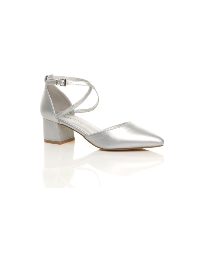 Mid Block Heel Crossed Strap Pointed Toe Faux Leather 2 Part Heels