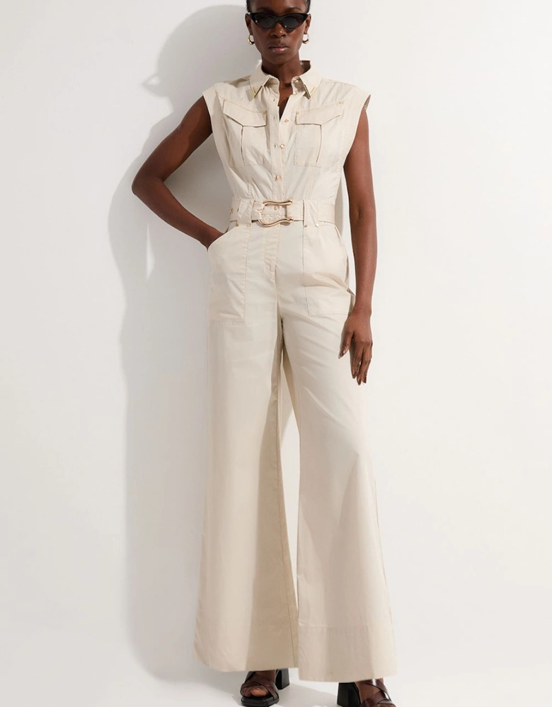 Cotton Sateen Utility Top Stitch Detail Woven Jumpsuit With Gold Hardware