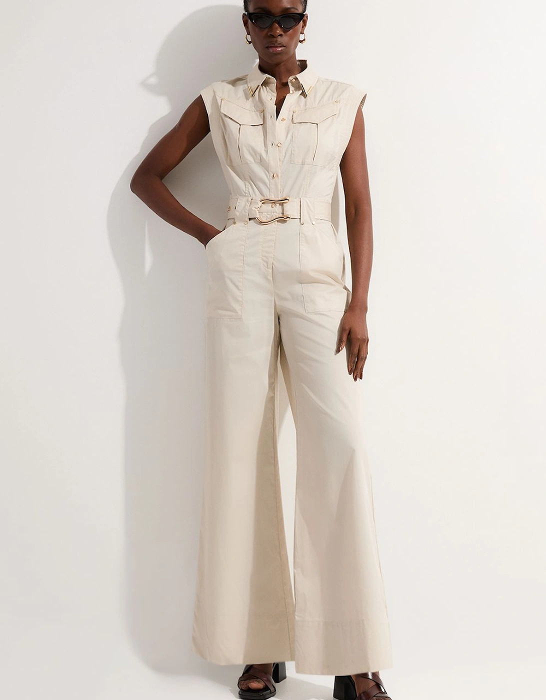 Cotton Sateen Utility Top Stitch Detail Woven Jumpsuit With Gold Hardware, 2 of 1