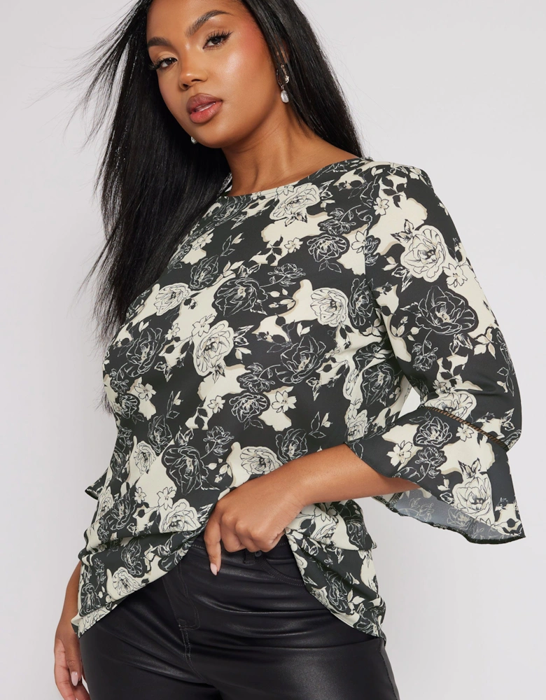 Floral Print Crochet Trim Blouse