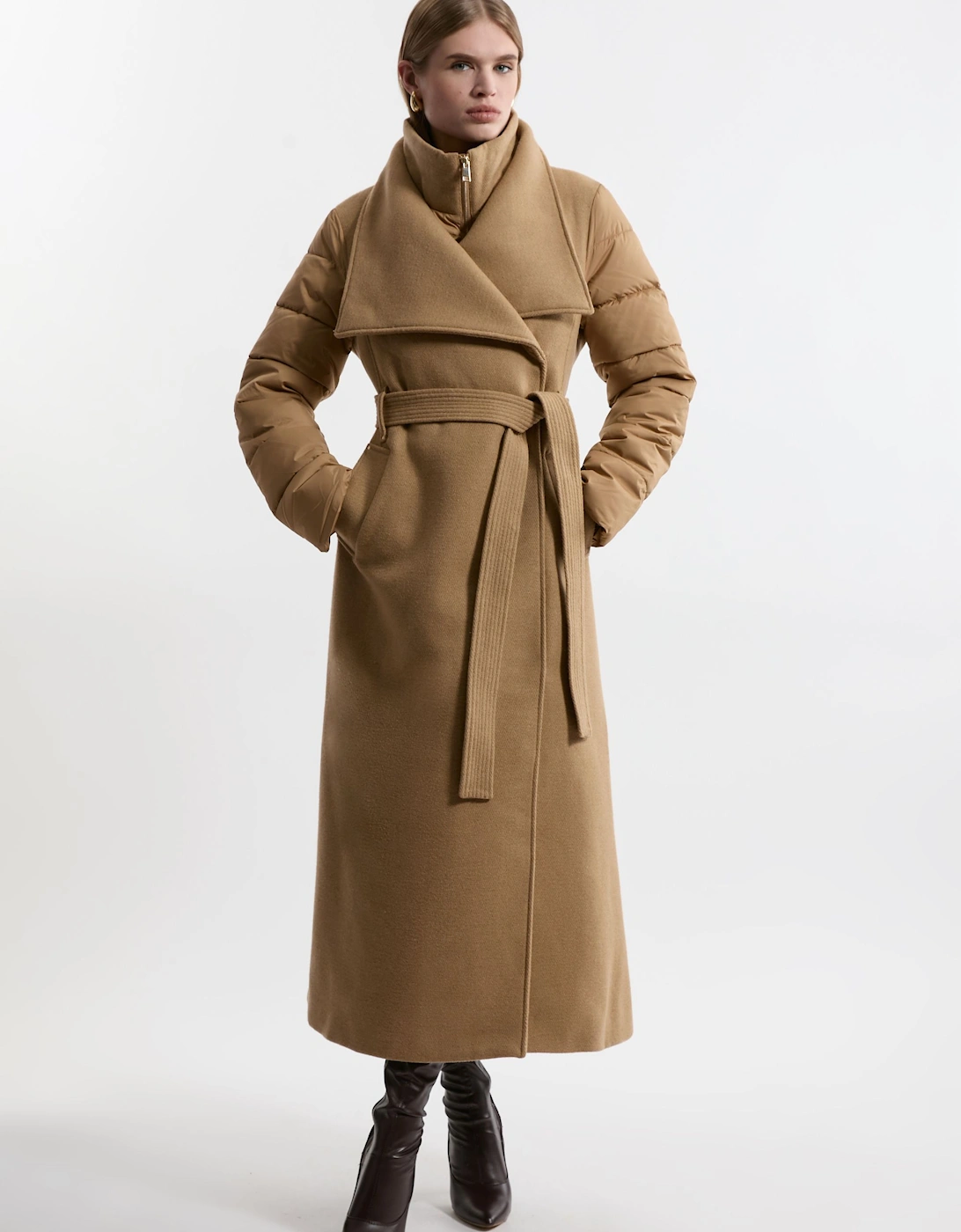 Petite Wool Blend Hybrid Puffer Belted Midi Coat, 2 of 1