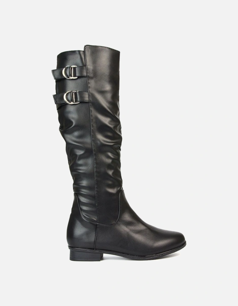 'Mia' Slouchy Flat Heel Knee High Boots With Buckle Detail