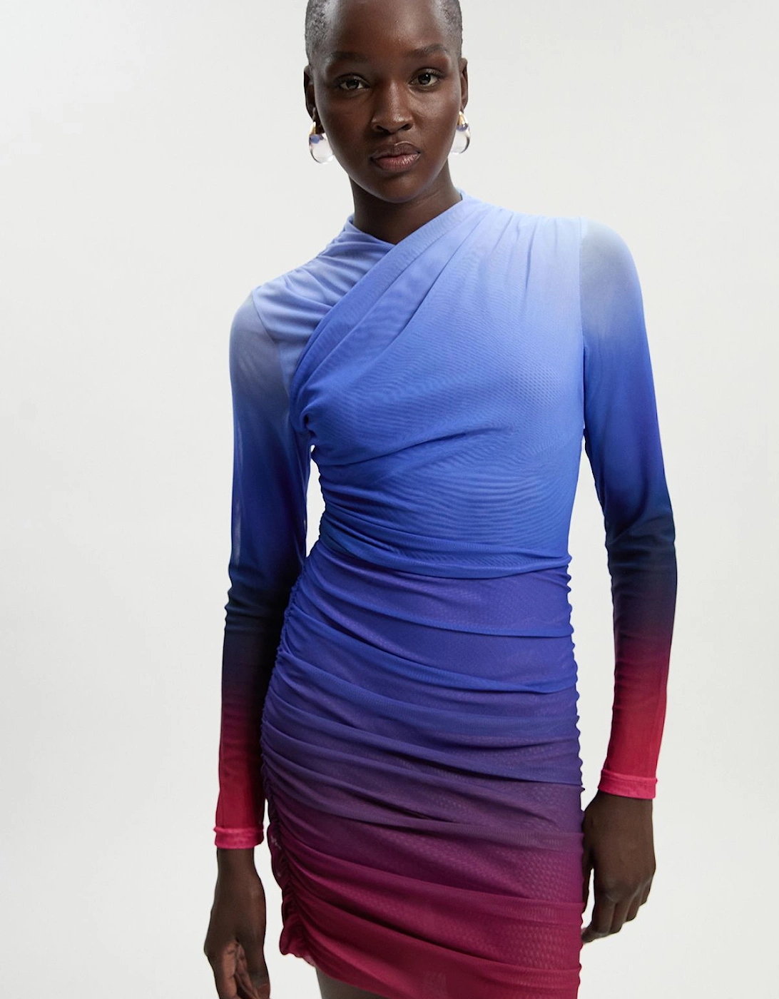 Ombre Printed Mesh Ruched Mini Dress, 2 of 1