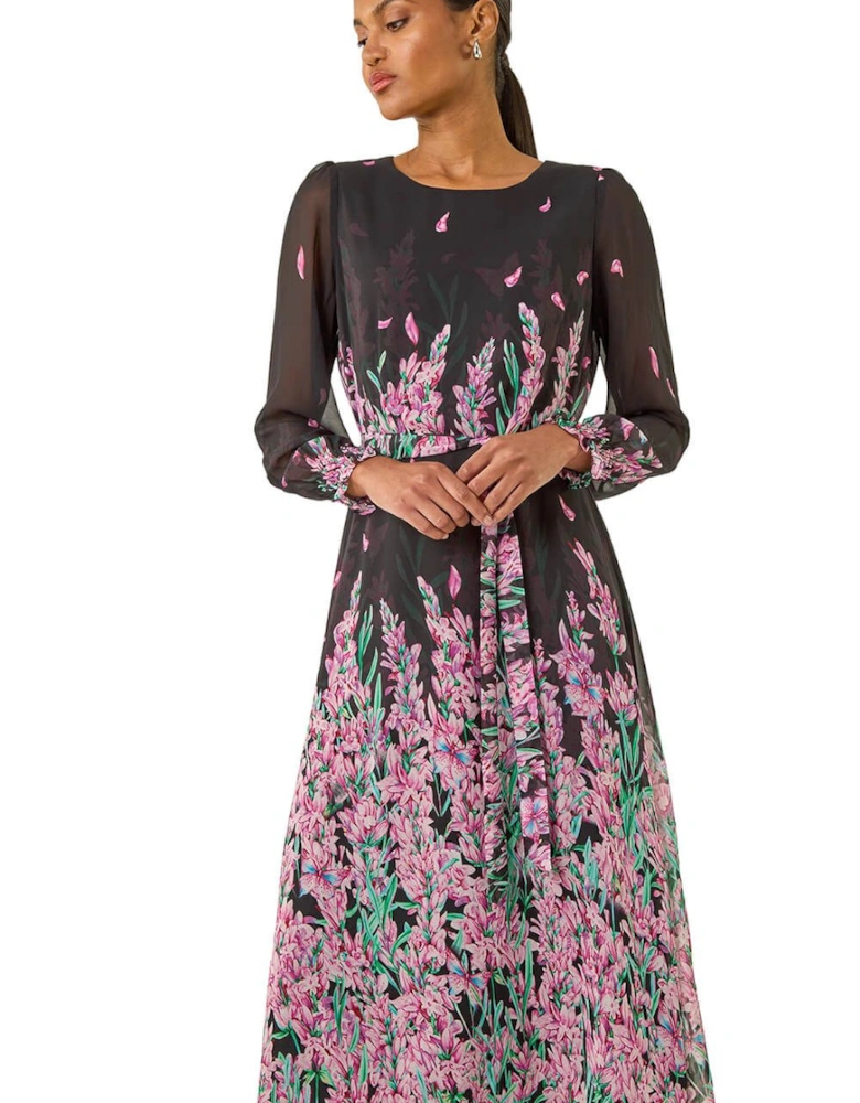 Floral Border Print Belted Midi Dress