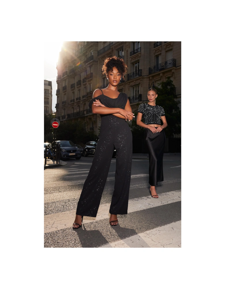 Black Glitter Cowl Neck Jumpsuit