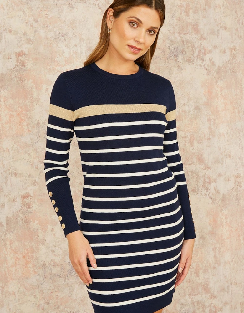 Navy Striped Knitted Dress With Button Cuff Detail