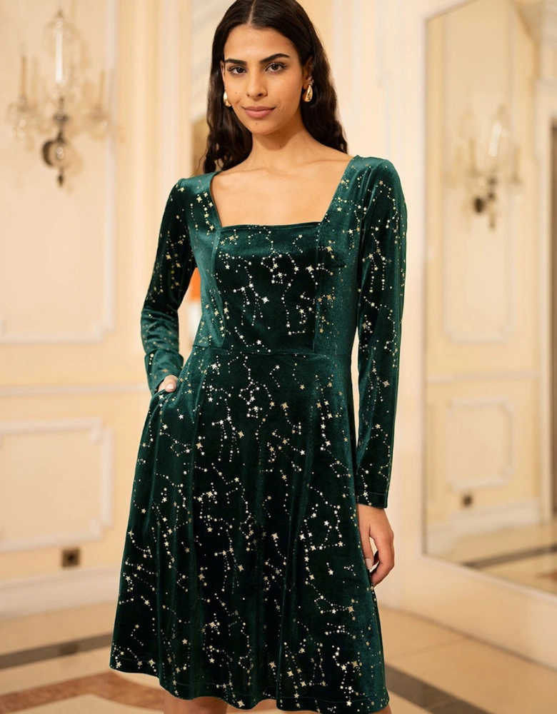 Green Star Foil Print Long Sleeve Skater Dress