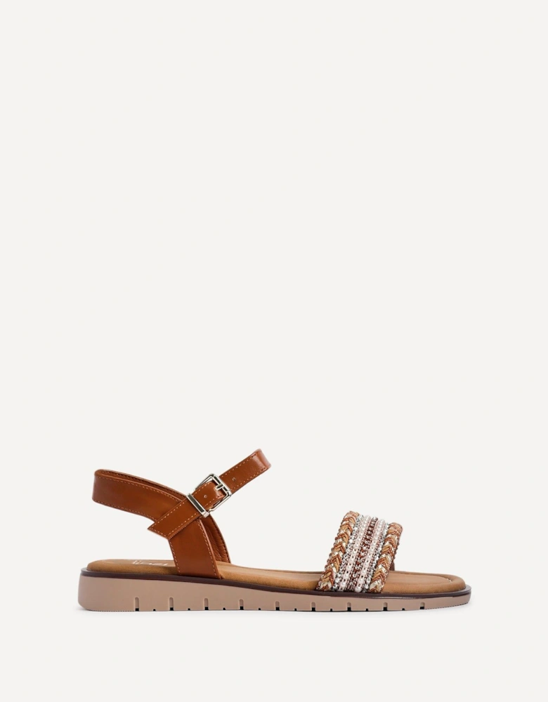 Halo Tan Weaved Embellished Flat Sandals