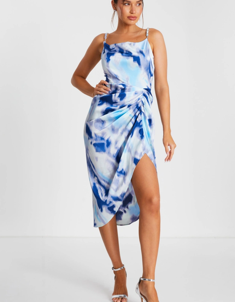 Blue Satin Marble Print Ruched Midi Dress