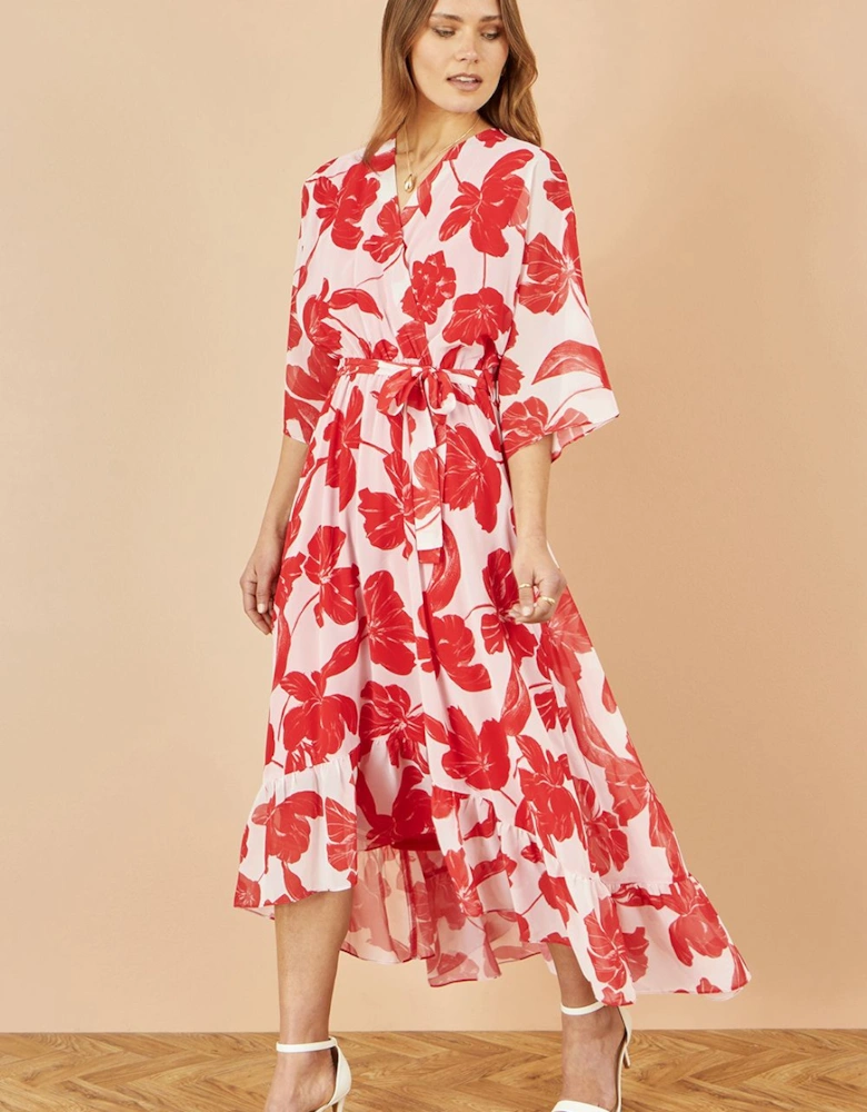 Red Kimono Sleeves Midi Dip Hem Wrap Midi Dress