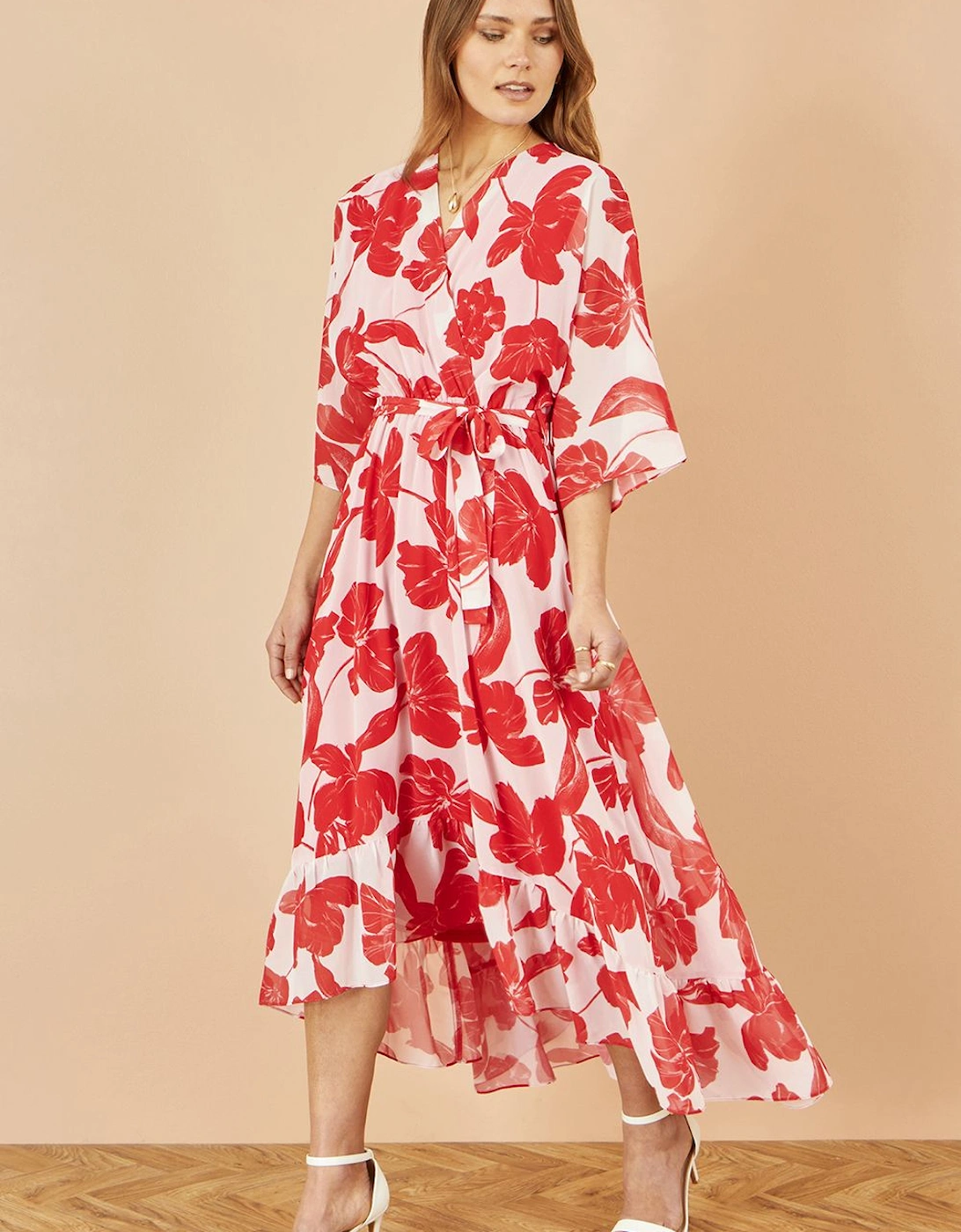 Red Kimono Sleeves Midi Dip Hem Wrap Midi Dress, 2 of 1