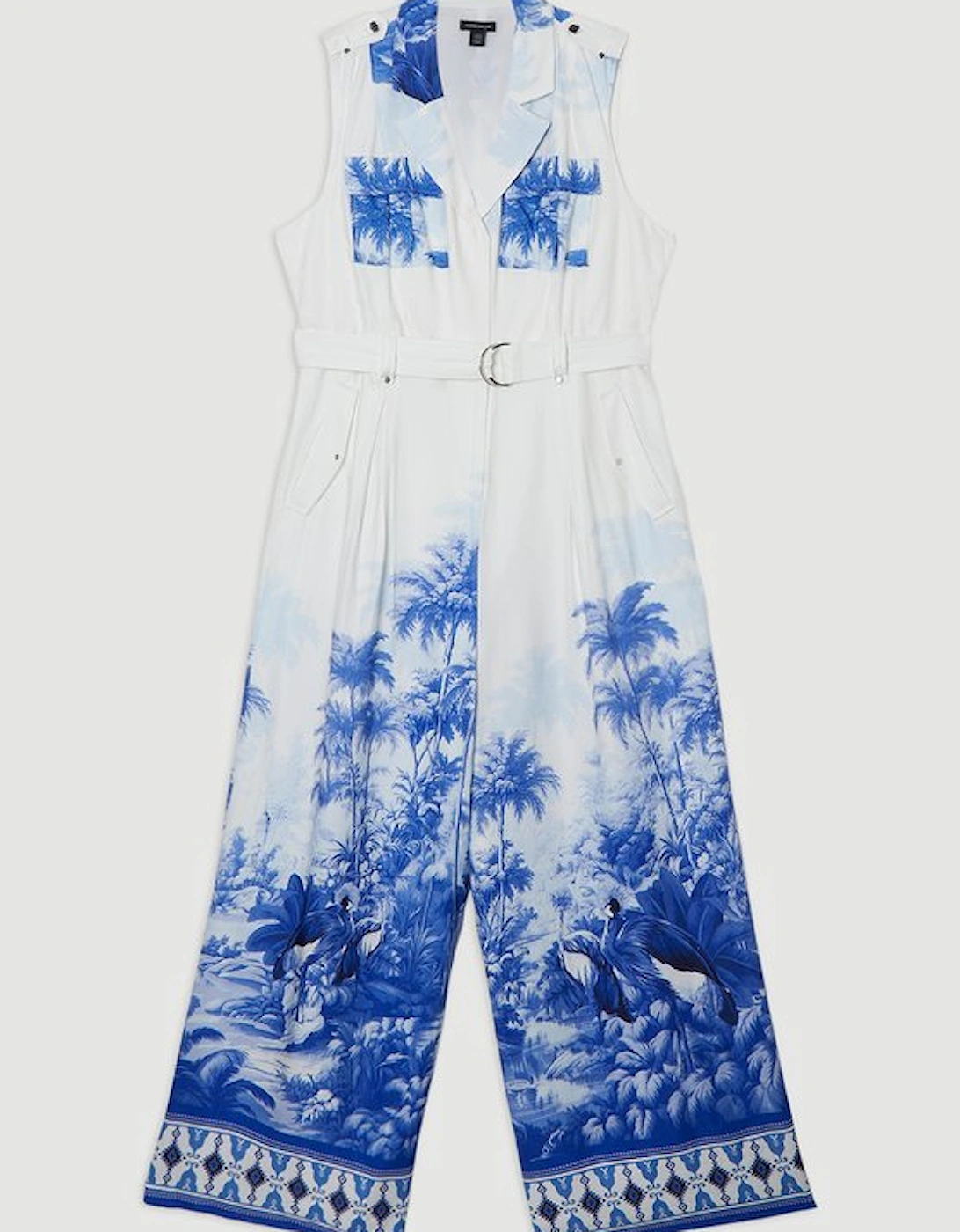 Plus Size Viscose Linen Scenic Print With Top Stitch Belted Woven Jumpsuit