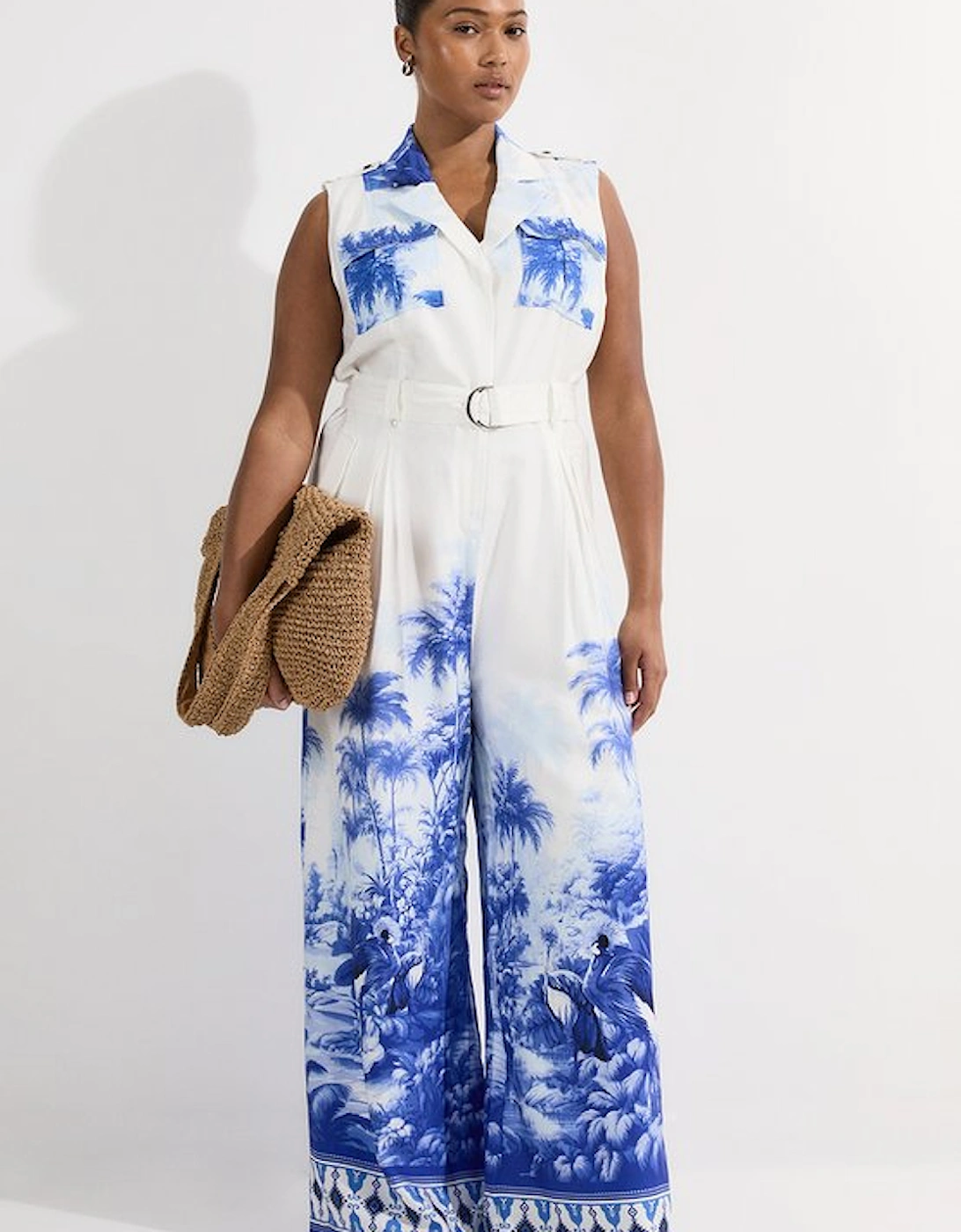 Plus Size Viscose Linen Scenic Print With Top Stitch Belted Woven Jumpsuit