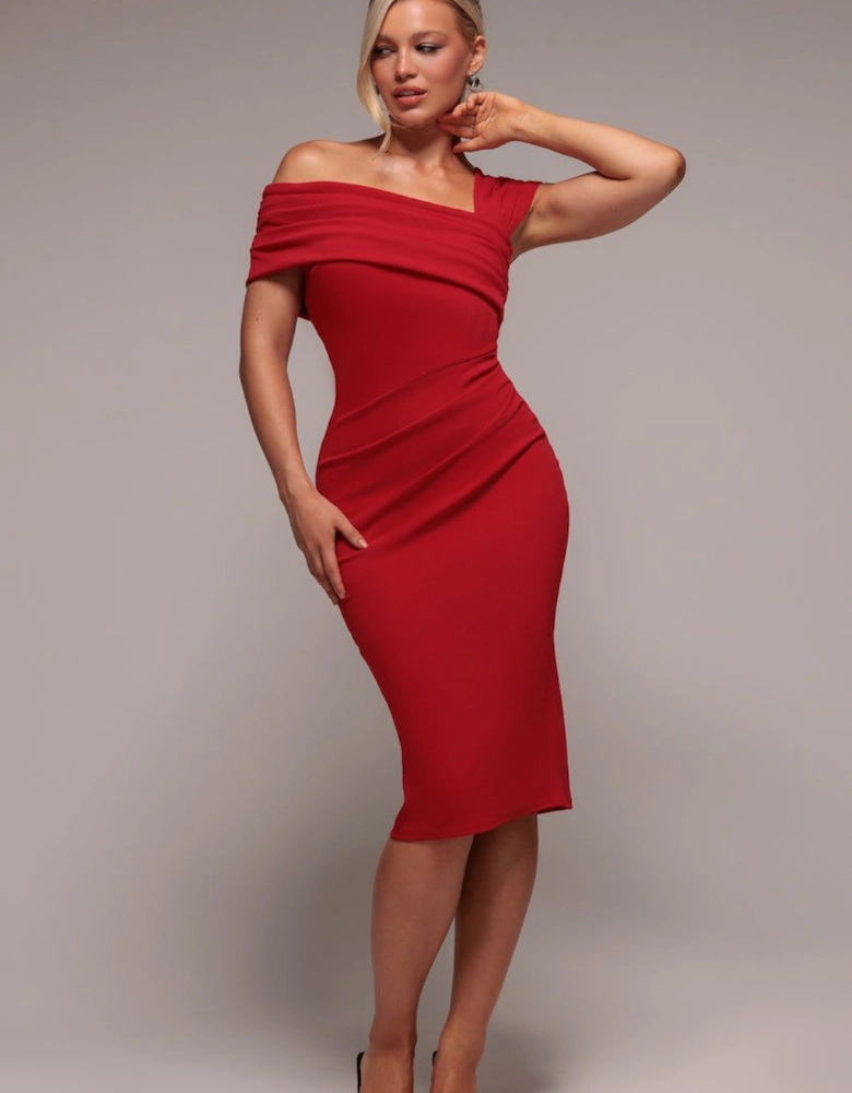 Scuba Crepe Pleated Drop Shoulder Midi Dress